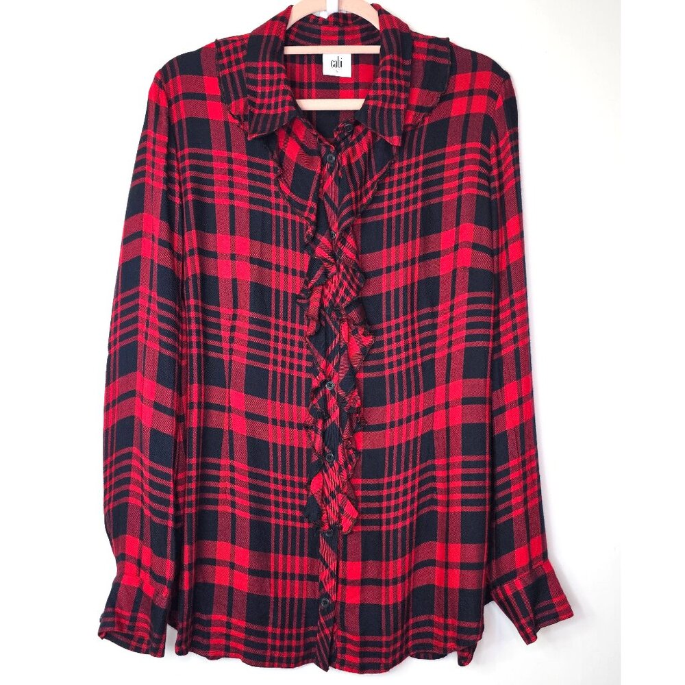 Cabi #3335 Lodge Ruffle Long Sleeve Button Up Shirt L Buffalo Check Plaid